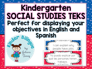 Kindergarten SOCIAL STUDIES TEKS cards in English and Spanish
