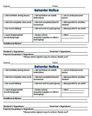 Student Friendly Behavior Notice & Reflection Form (Comportamiento y reflexion)