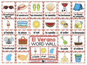 El Verano Summer Vocabulary Word Wall & Spanish/English Worksheets