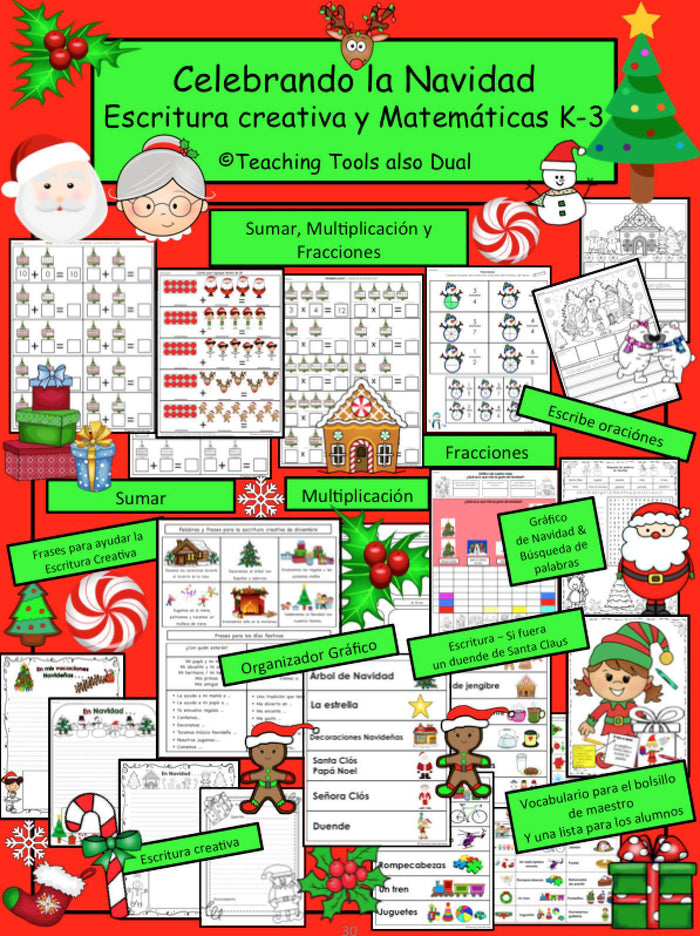 Actividades de Navidad Escritura y Matemáticas K-3 Para un programa Dual Español