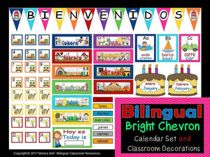 Bilingual Bright Chevron Calendar Set and Classroom Decorations