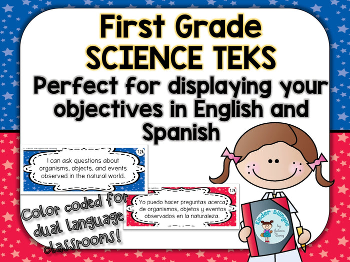 1st grade SCIENCE TEKS cards in English and Spanish