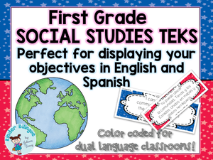 1st grade SOCIAL STUDIES TEKS cards in English and Spanish