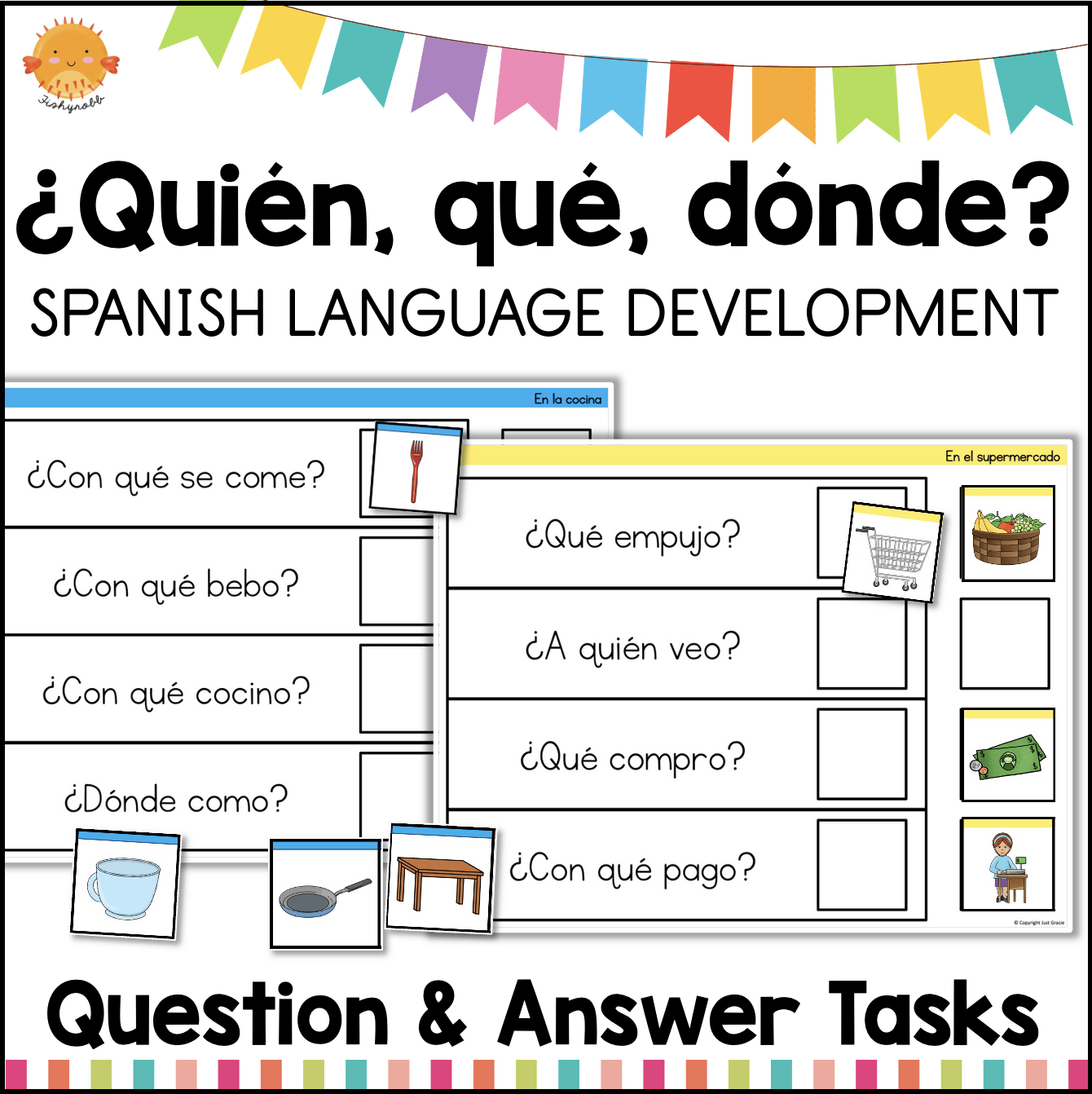 ¿Quién, qué, dónde? SPANISH Language Asking \u0026 Answering Questions Task Cards, image size:1340x1342