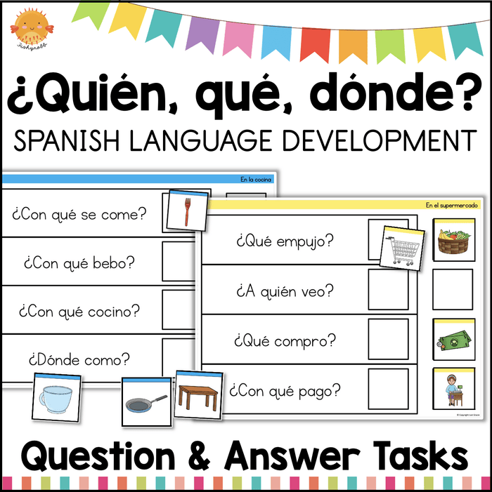 ¿Quién, qué, dónde? SPANISH Language Asking & Answering Questions Task Cards