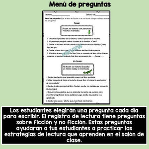 Reading log in Spanish - Registro de lectura semanal