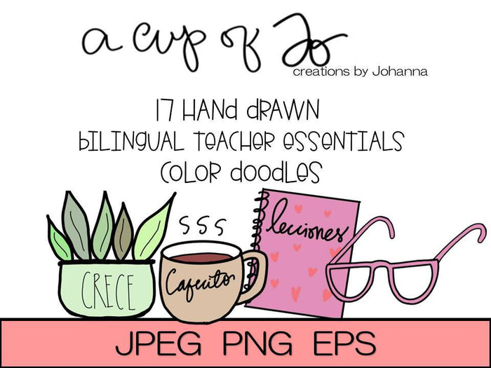 Doodle Clipart, Digital Hand Drawn, Classroom Essentials Bilingual Teacher, Spanish Clipart