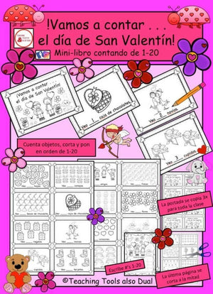 Contando el día de San Valentín # 1-20 Mini-folleto (Prek, Kinder, Primero)