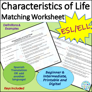 Characteristics of Life Matching Worksheet Differentiated Biology