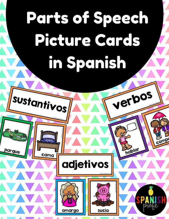 Parts of Speech Picture Cards in Spanish Sustantivos Verbos Adjetivos