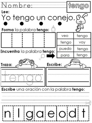 Spanish High Frequency Words "yo","tengo" "un" and "una"