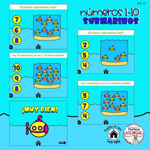 0-10 número correcto (contar y restar) submarinos