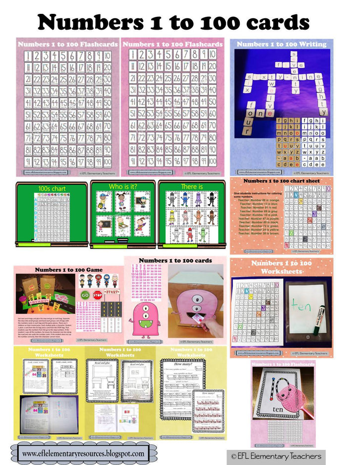 Numbers 1 to 100 Flashcards and more for ESL