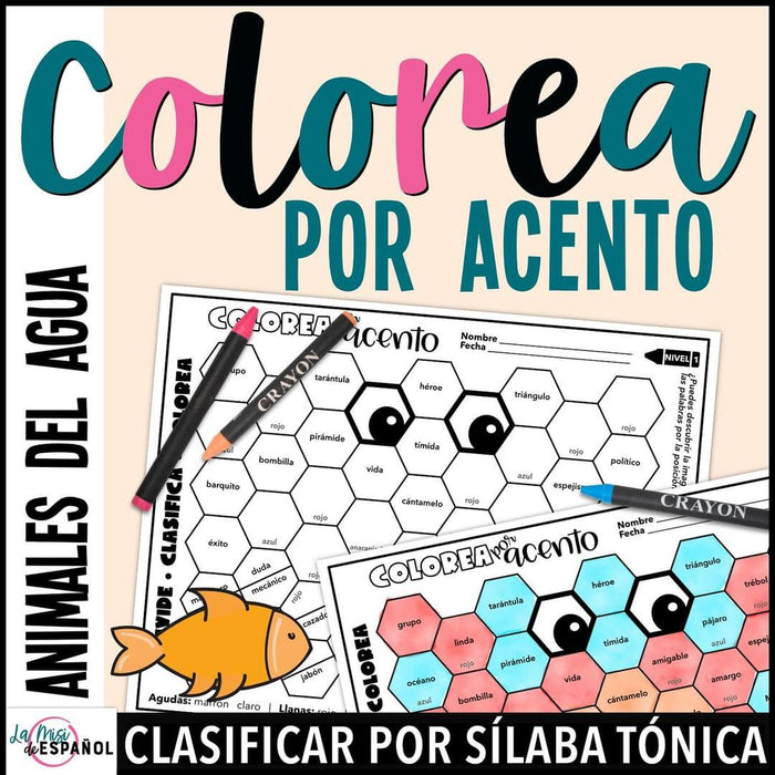 Colorea por acento Spanish Acentuación Coloring Worksheets Set 1