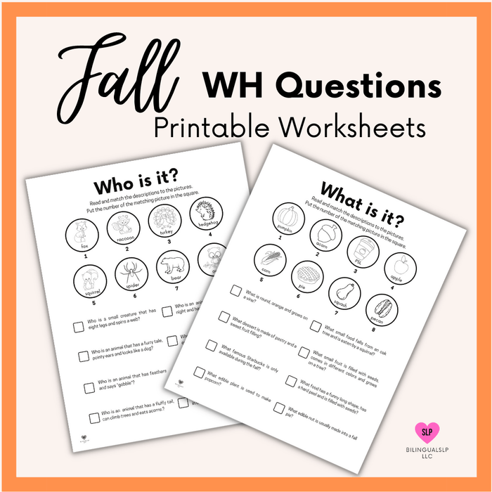 Fall Vocabulary Worksheets: Answering WH Questions for Speech Therapy