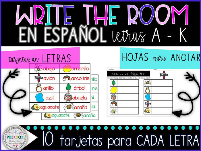 SPANISH Write the Room & Vocab Cards Letters A-K