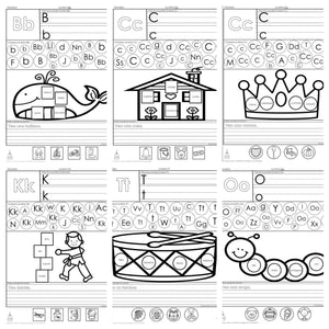 Abecedario actividades para cada letra A-Z incluyendo sonidos suaves y escritura (K-1)