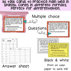 Main Idea in Spanish Task Cards/ Idea principal/ Tarjetas de Trabajo