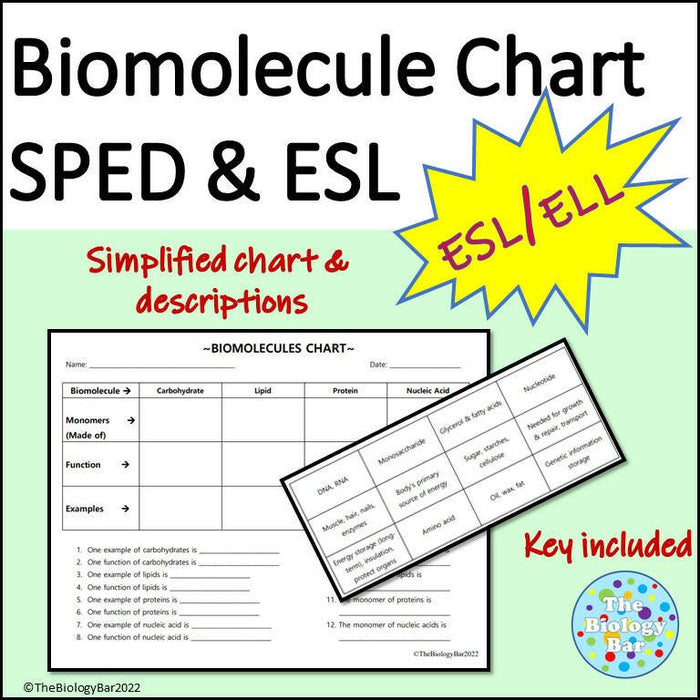 Biology Biomolecules Chart Cut & Paste