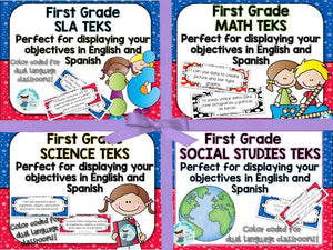 1st Grade BUNDLE TEKS cards in English and Spanish
