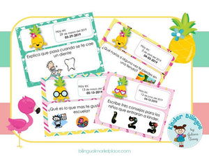 Spanish editable prompts for the whole year! (flamingos and pineapples)