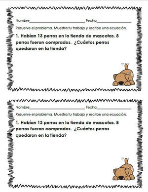 Bilingual Subtraction Story Problems for K and 1 (Spanish - English) Common Core