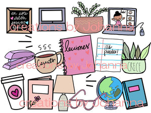 Doodle Clipart, Digital Hand Drawn, Classroom Essentials Bilingual Teacher, Spanish Clipart
