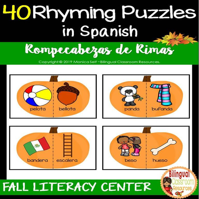 40 Pumpkin Rhyming Puzzles in Spanish/Rompecabezas de Rimas