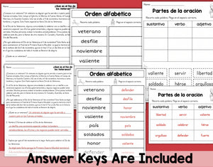 Día de los Veteranos SPANISH Veterans Day Activities Worksheets