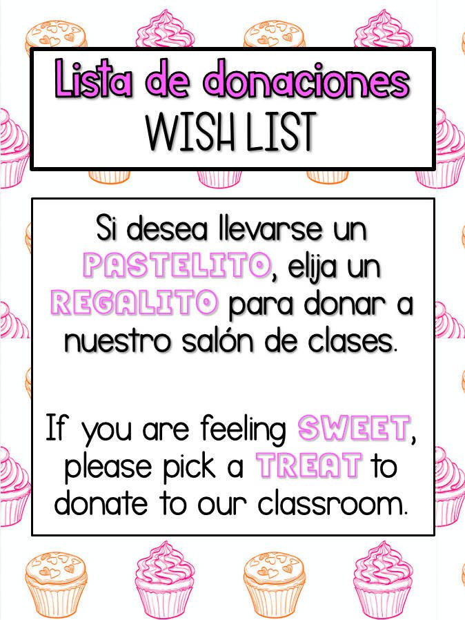 Meet the teacher Wishlist Donation Cupcakes in Spanish & English (Color & B&W)
