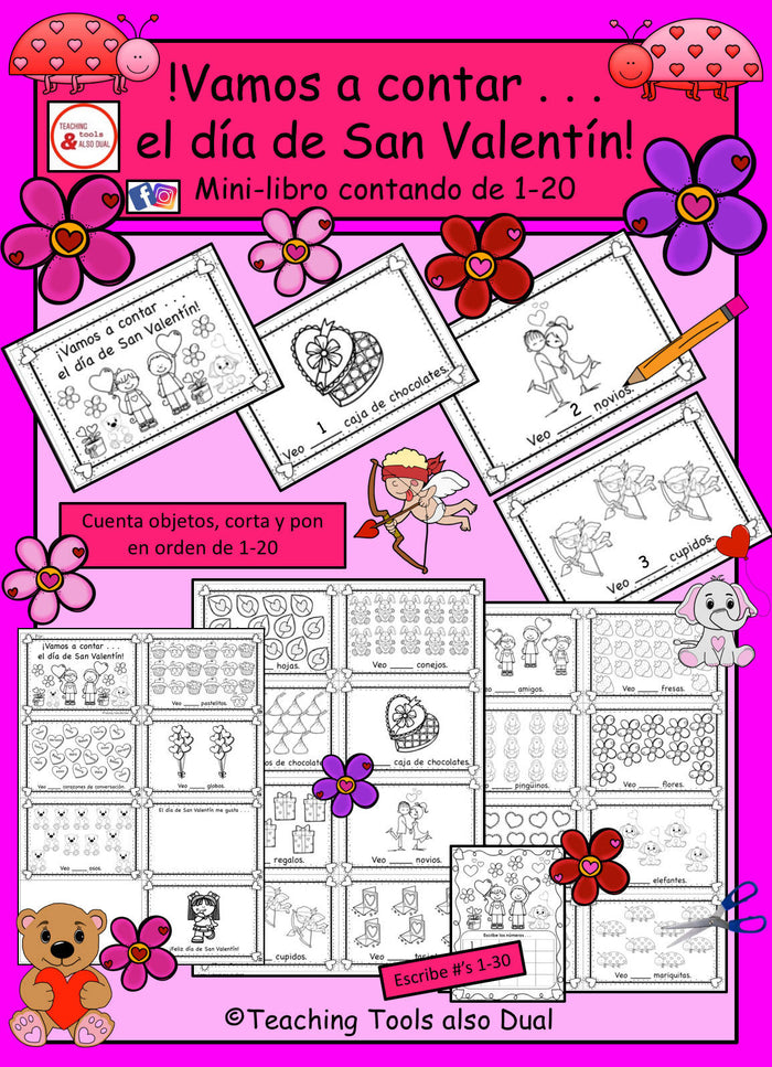 Contando el día de San Valentín # 1-20 Mini-folleto (Prek, Kinder, Primero)