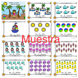 Mini-libro "Contando días de verano" del #1-20 (Español Prek, Kinder, 1)