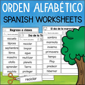 SPANISH Orden alfabético ABC Order Cut & Glue Worksheets Holidays Seasons