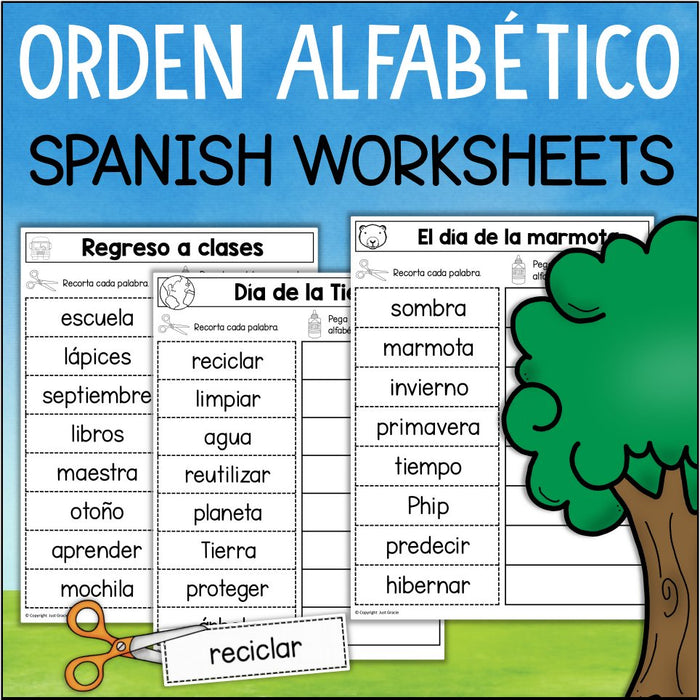 SPANISH Orden alfabético ABC Order Cut & Glue Worksheets Holidays Seasons