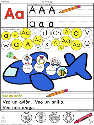 Abecedario actividades para cada letra A-Z incluyendo sonidos suaves y escritura (K-1)