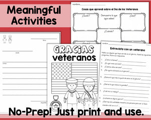 Día de los Veteranos SPANISH Veterans Day Activities Worksheets