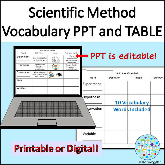 Scientific Method Vocabulary PowerPoint and Table