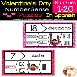 Valentine’s Day Number Sense Puzzles In Spanish 1-20