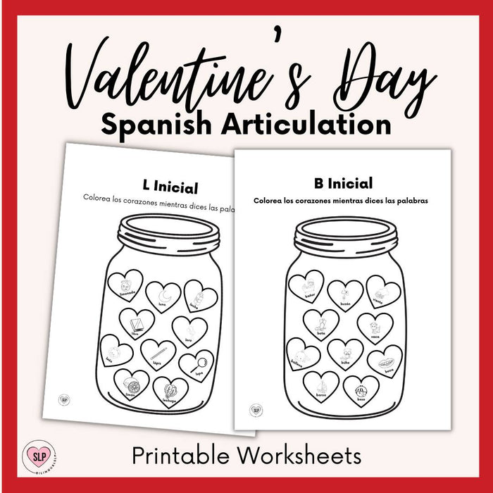 Valentine's Day Spanish Articulation Worksheets for Speech Therapy