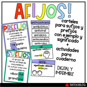 Afijos- Sufijos y Prefijos Comunes -carteles, ejemplos y actividades para el cuaderno!