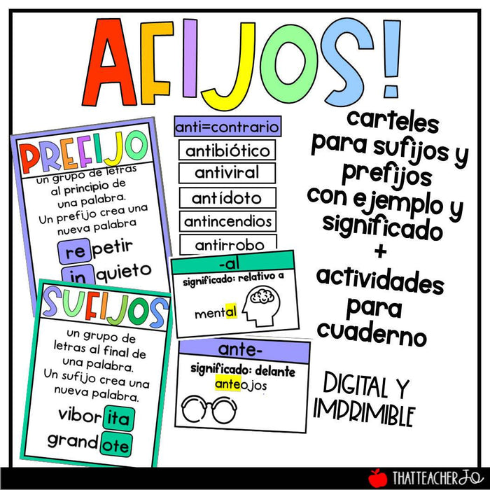 Afijos- Sufijos y Prefijos Comunes -carteles, ejemplos y actividades para el cuaderno!