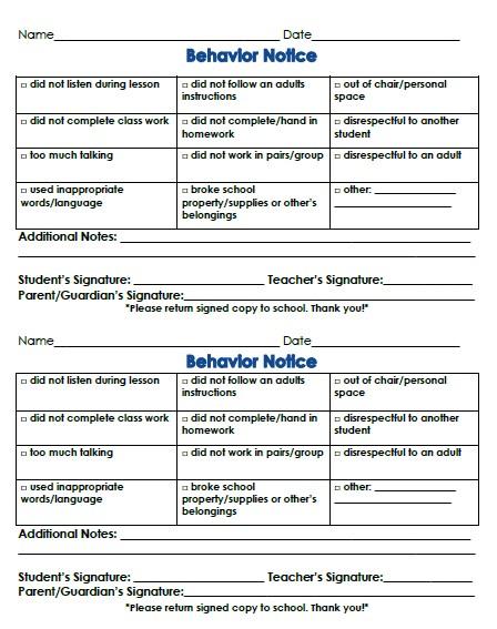 Student Friendly Behavior Notice & Reflection Form (Comportamiento y reflexion)