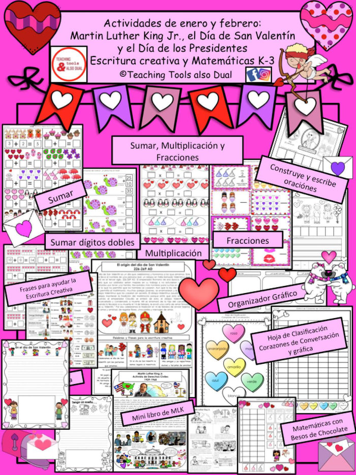 Actividades de Martin Luther King Jr., San Valentín y dia de Presidentes escritura y matemáticas (K-3)