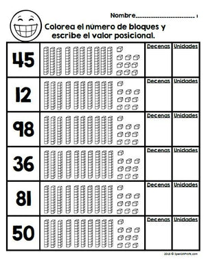 Place Value in Spanish 1st Grade/ Valor posicional primer grado