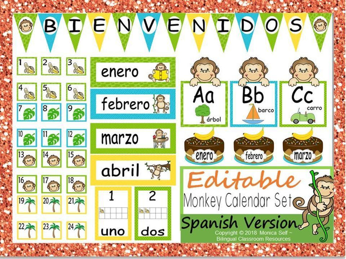 Monkey Themed Calendar Set and Classroom Decorations {Spanish Version} EDITABLE!