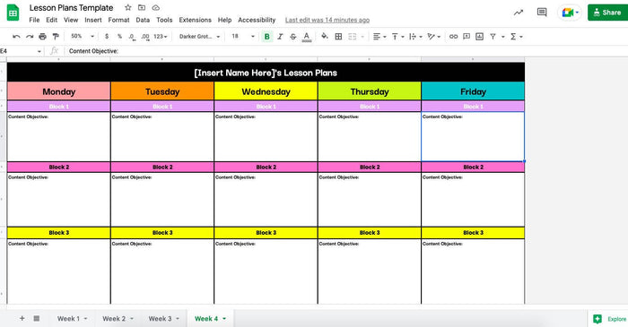 Weekly Lesson Plan Template (Google Sheets)
