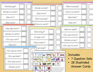 ¿Quién, qué, dónde? SPANISH Language Asking & Answering Questions Task Cards