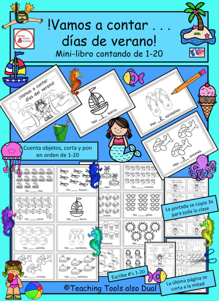 Mini-libro "Contando días de verano" del #1-20 (Español Prek, Kinder, 1)