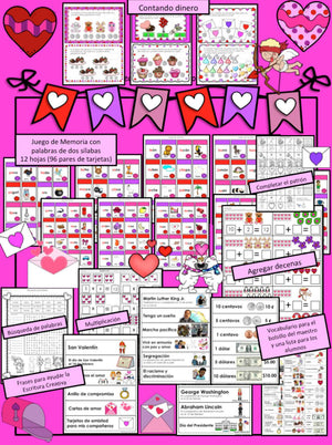 Actividades de Martin Luther King Jr., San Valentín y dia de Presidentes escritura y matemáticas (K-3)