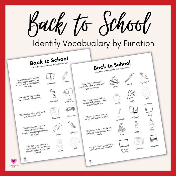 Back to School Identifying Objects by Function Worksheets for Speech Therapy